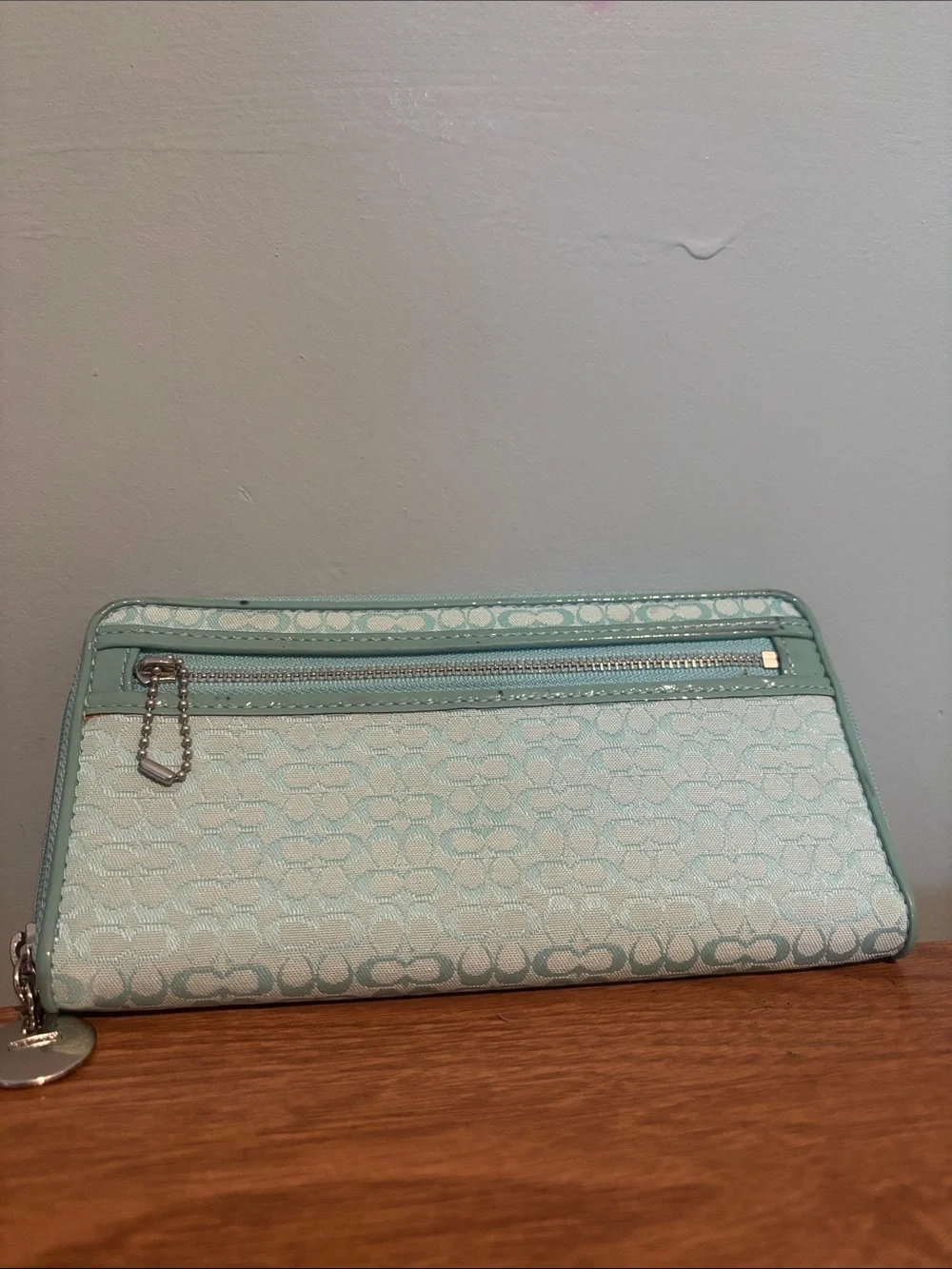 Coach Signature Logo Teal Zip-Around Women's Wallet Wristlet